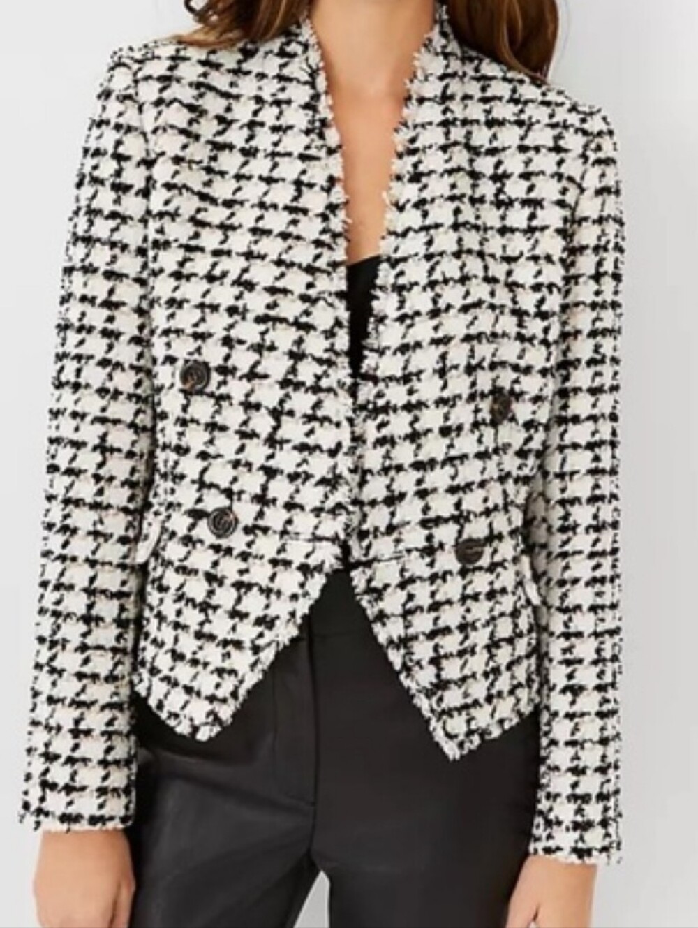 Ann Taylor Houndstooth Tweed Blazer Jacket Cream Black office preppy Size 6